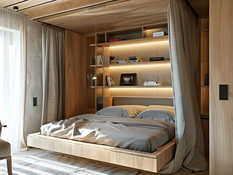 Nowoczesna sypialnia z drewnianym łóżkiem wnękowym i podświetlanymi półkami