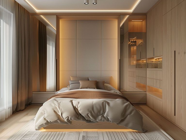 Nowoczesna sypialnia z jasnym łóżkiem, drewnianymi akcentami i minimalistycznym oświetleniem