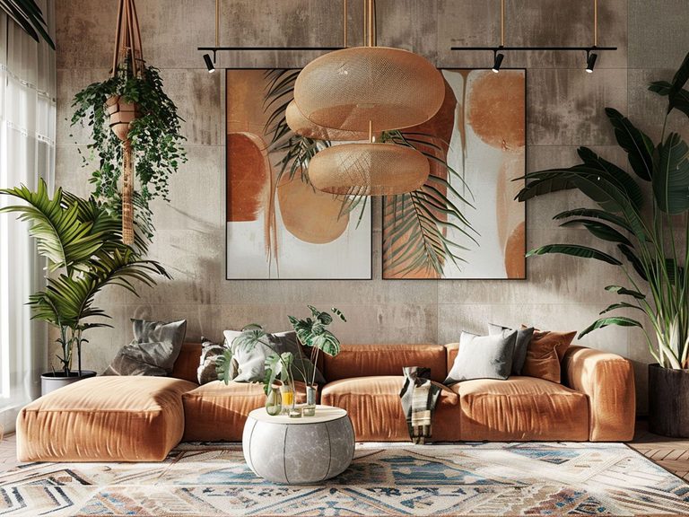 Boho salon z pomarańczową sofą, roślinnymi dekoracjami i kolorowym dywanem