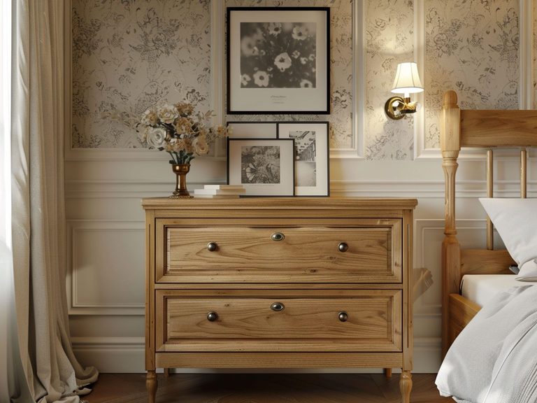 Rustykalna komoda w drewnianym salonie z klasycznymi dekoracjami