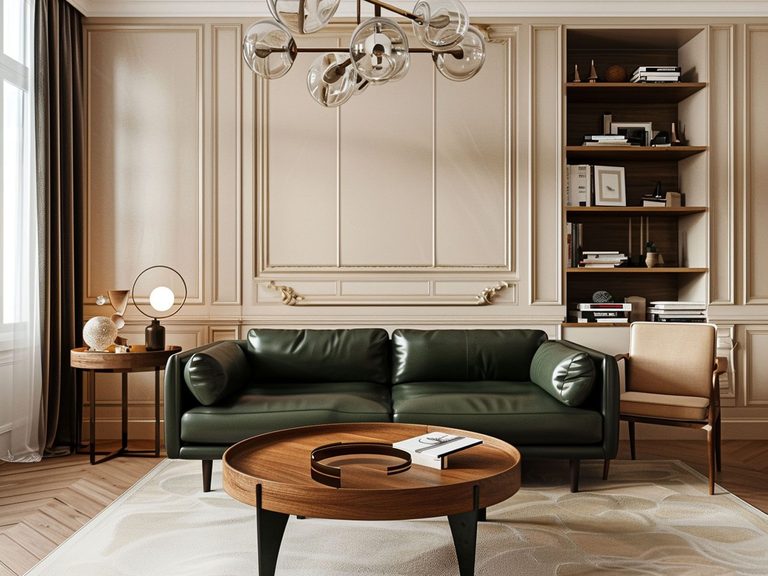 Glamour salon z zieloną sofą, okrągłym stolikiem i klasycznymi zdobieniami