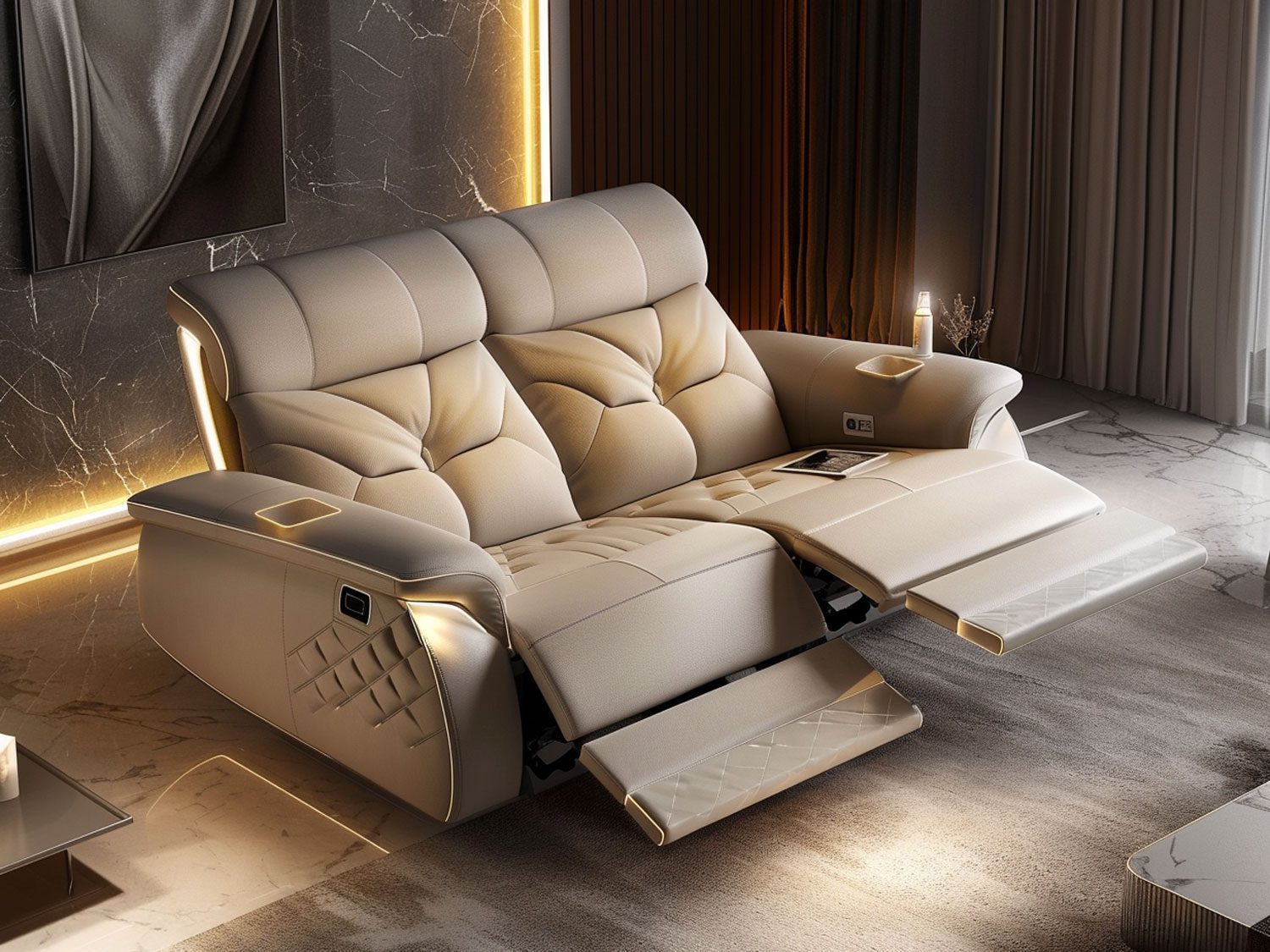 Nowoczesny salon z rozkładaną skórzaną sofą i ciemnymi zasłonami