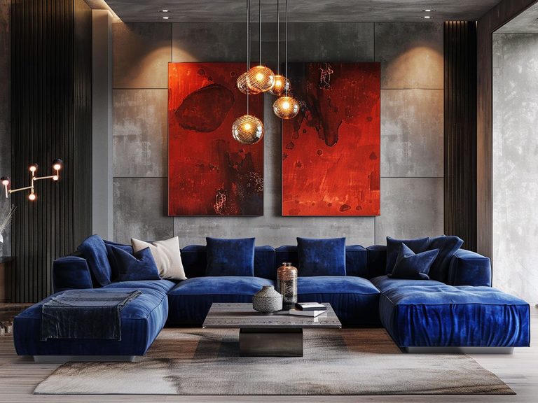 Nowoczesny salon z granatową sofą, betonową ścianą i czerwonymi obrazami