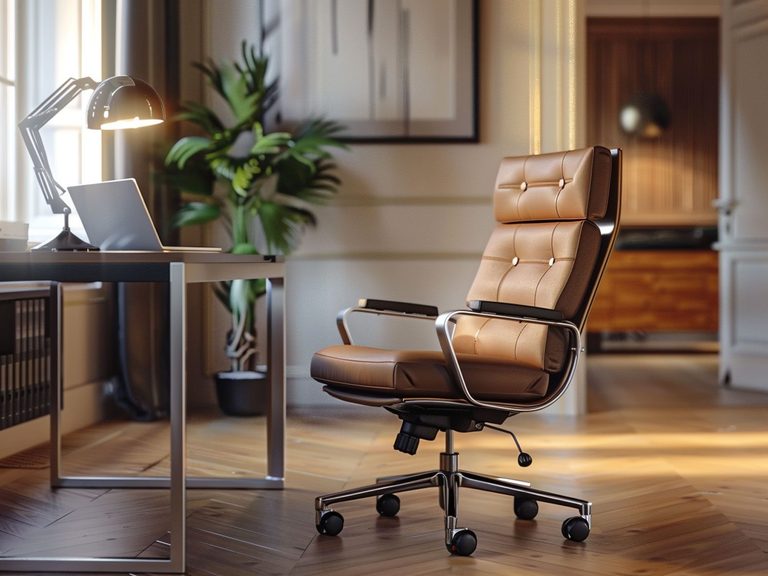 Nowoczesne biuro z brązowym fotelem skórzanym i drewnianym biurkiem