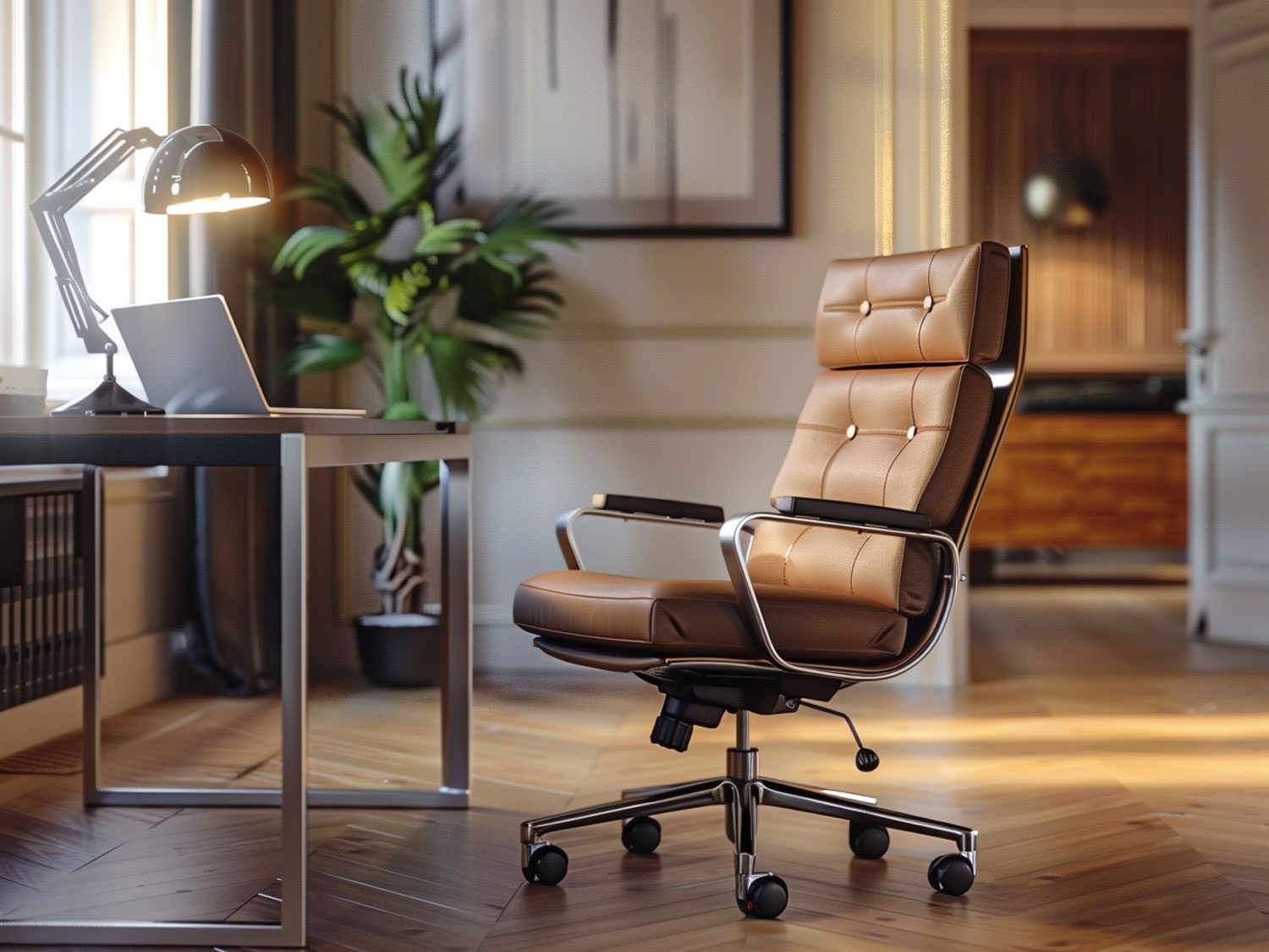 Nowoczesne biuro z brązowym fotelem skórzanym i drewnianym biurkiem Nowoczesne biuro z brązowym fotelem skórzanym i drewnianym biurkiem