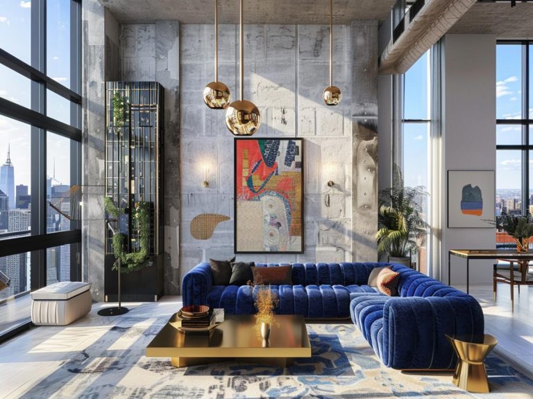 Loftowy salon z wysokimi oknami, kolorowymi dekoracjami i dużą sofą