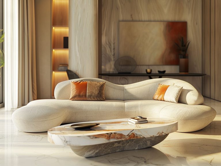 Nowoczesny salon z jasną sofą, okrągłym stolikiem i pomarańczowymi dodatkami