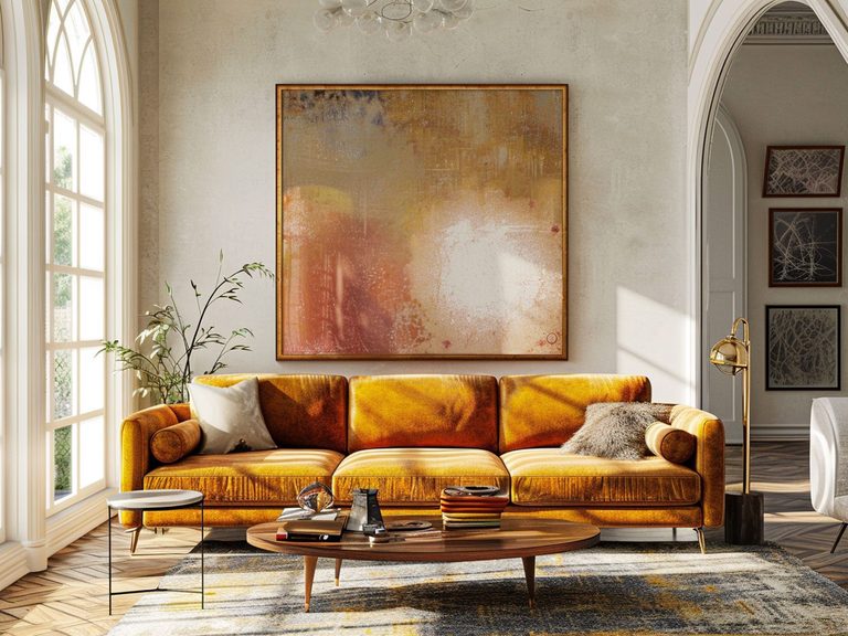 Nowoczesny salon z musztardową sofą, abstrakcyjnym obrazem i jasnymi ścianami
