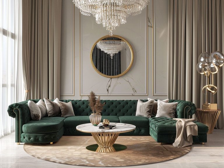 Glamour salon z zielonymi sofami, złotym stolikiem i kryształowym żyrandolem