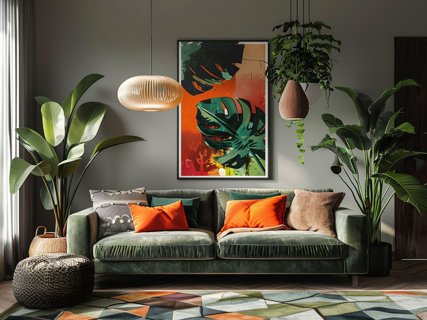 Salon z zieloną sofą, roślinnymi dekoracjami i kolorowym dywanem