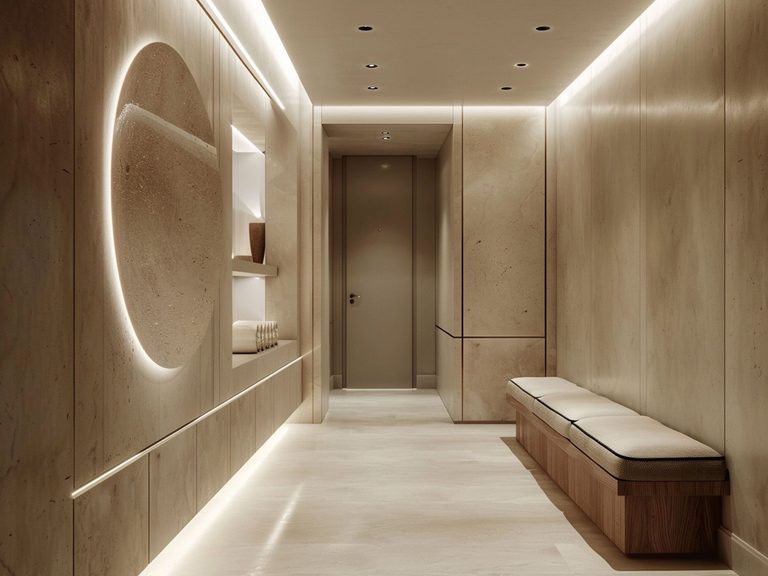 Nowoczesny przedpokój z jasnymi panelami ściennymi i wbudowaną ławką