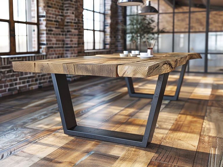 Loftowy salon z drewnianym stołem na metalowych nogach i parkietem w stylu vintage