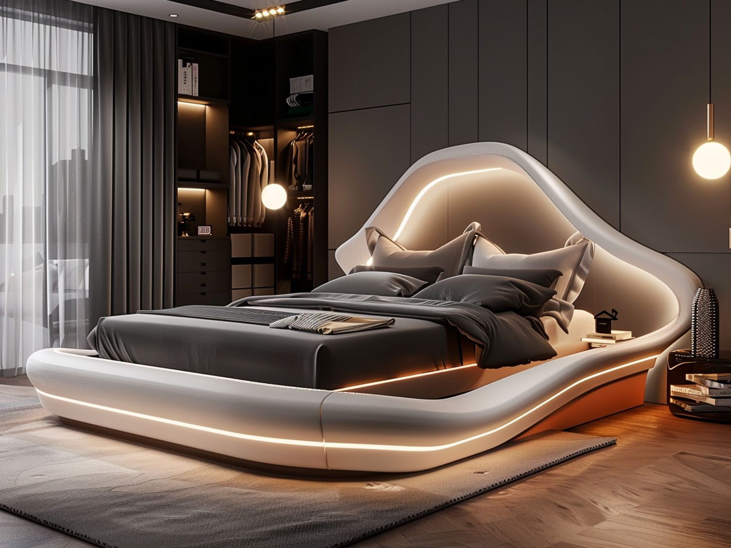 Nowoczesna sypialnia z futurystycznym łóżkiem i szarymi akcentami