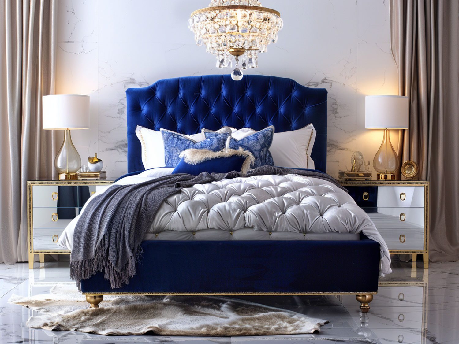 Glamour sypialnia z niebieskim tapicerowanym łóżkiem i kryształowym żyrandolem Glamour sypialnia z niebieskim tapicerowanym łóżkiem i kryształowym żyrandolem