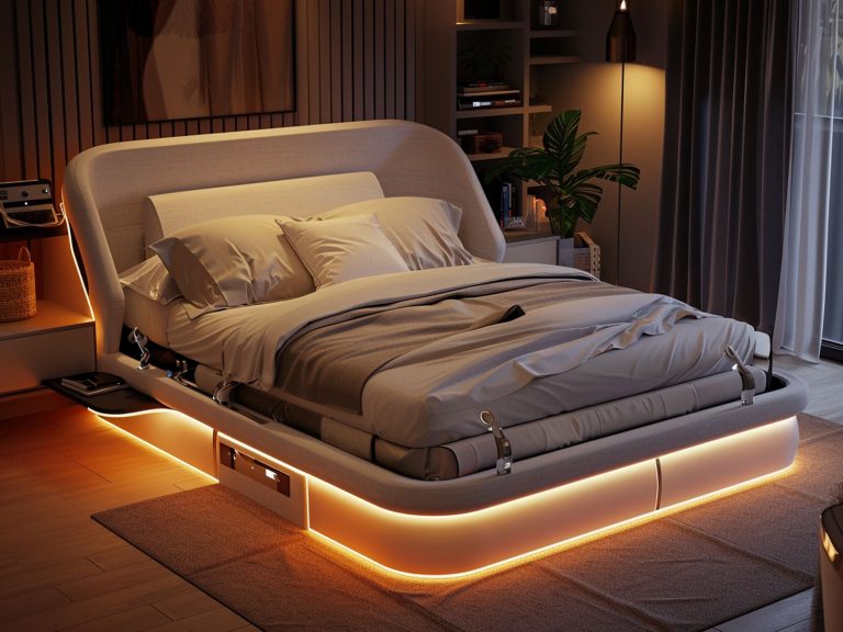 Nowoczesna sypialnia z designerskim łóżkiem i podświetlanym zagłówkiem