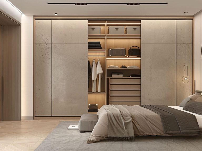 Nowoczesna garderoba z beżowymi frontami, oświetleniem i drewnianymi półkami