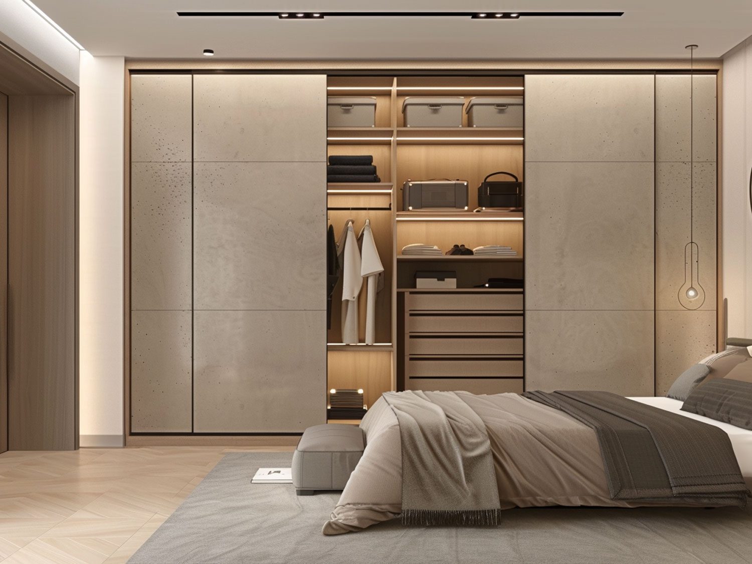 Nowoczesna garderoba z beżowymi frontami, oświetleniem i drewnianymi półkami