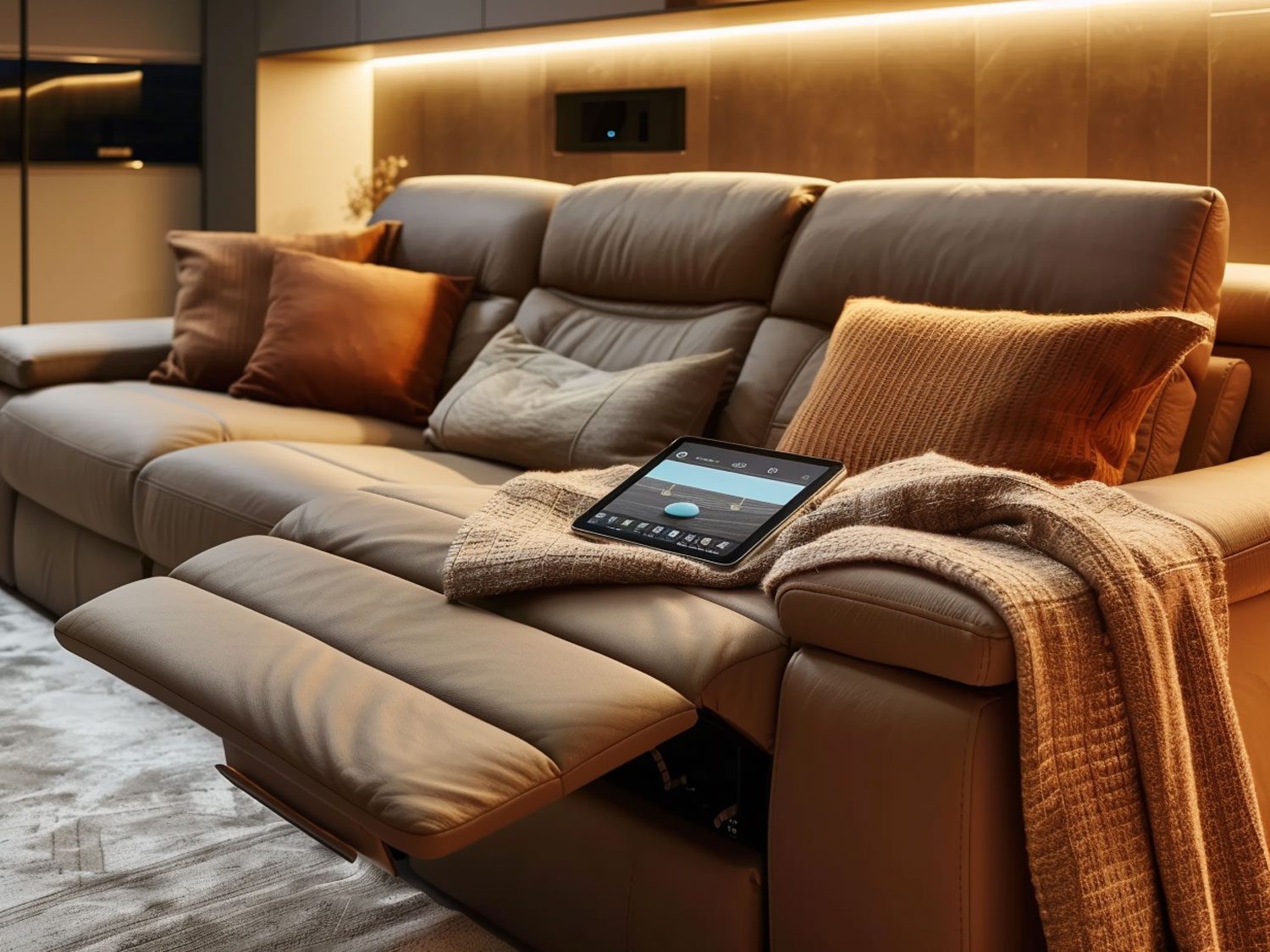 Nowoczesne kino domowe z luksusową sofą modułową i podświetleniem