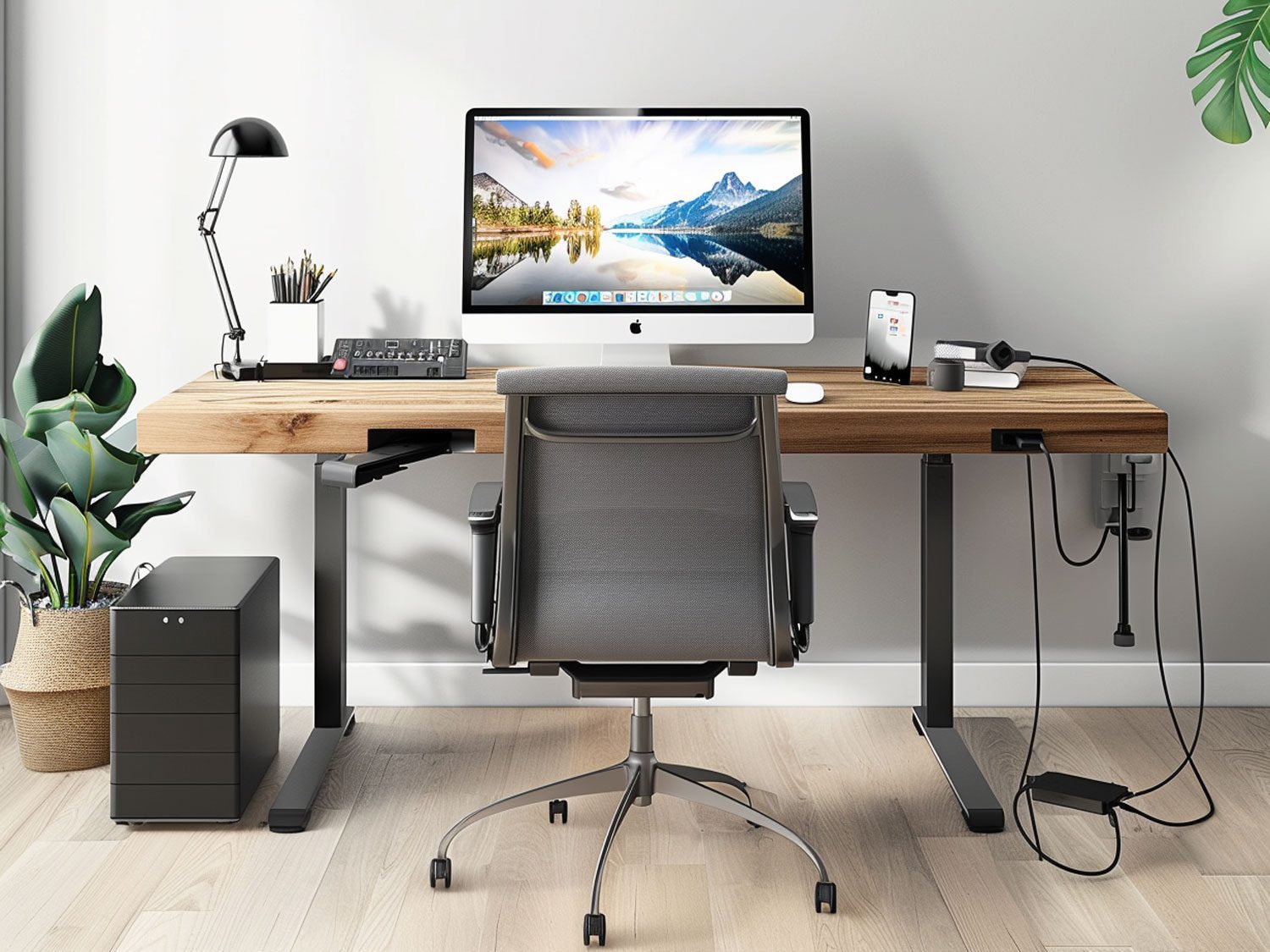 Nowoczesne biuro z elektrycznym biurkiem, komputerem i ergonomicznym fotelem