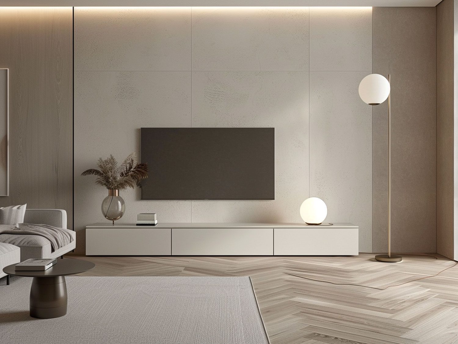 Nowoczesny salon z telewizorem, białą szafką RTV i jasną aranżacją