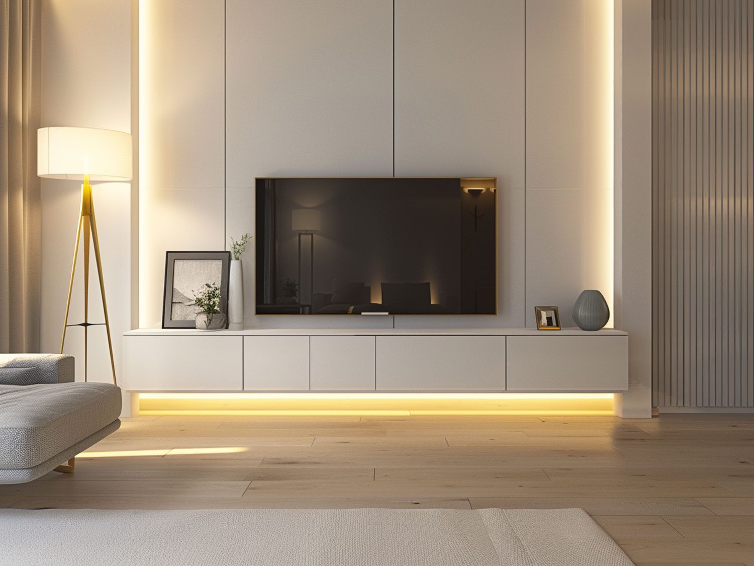 Moderní obývací pokoj z minimalistickém zestawem RTV a podsvícením LED