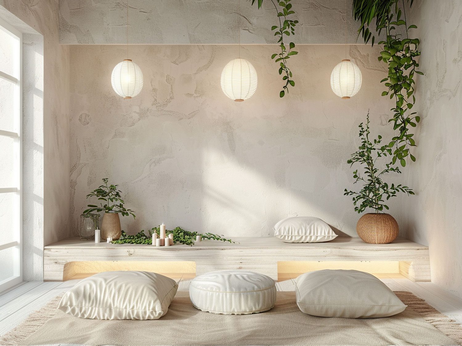 Boho salon z poduszkami na podłodze i jasnym, naturalnym światłem