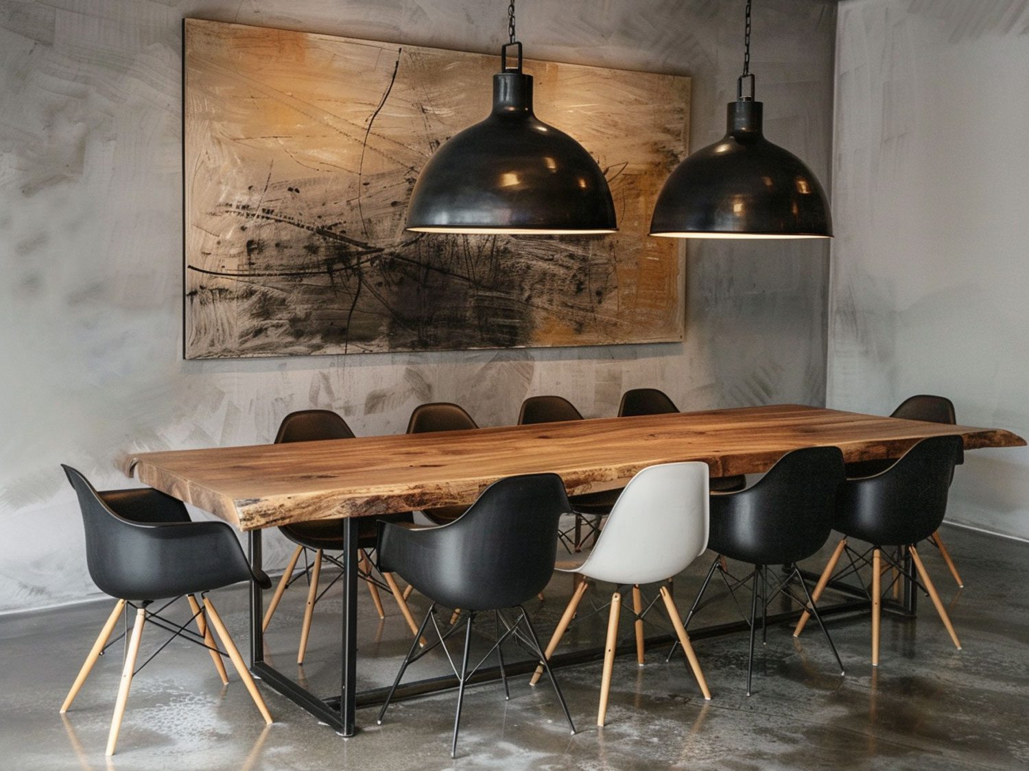 Loftová jídelna s dřevěným stolem, černými židlemi a industrialnymi lampami
