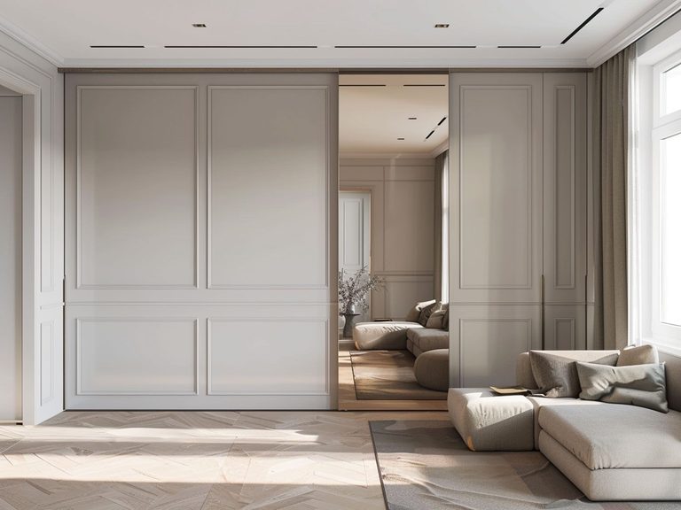 Nowoczesny salon z przesuwnymi drzwiami i jasną sofą