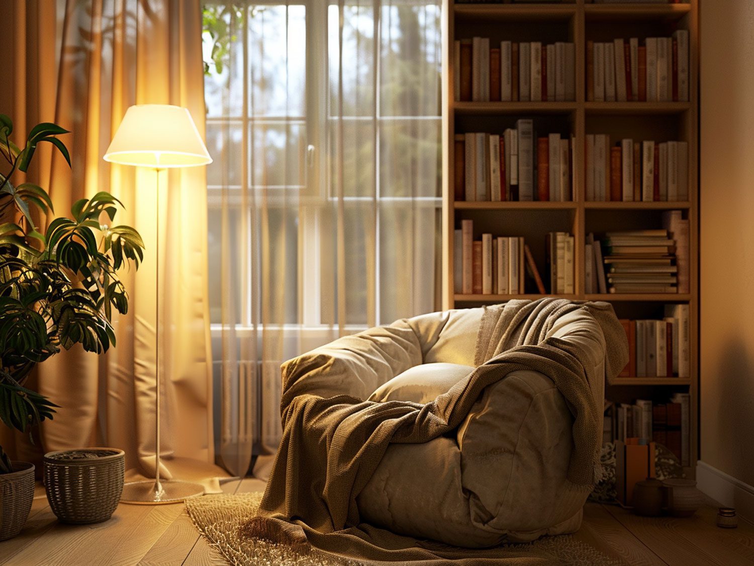 Rustykalny salon z wygodnym fotelem przy oknie i miękkim pledem