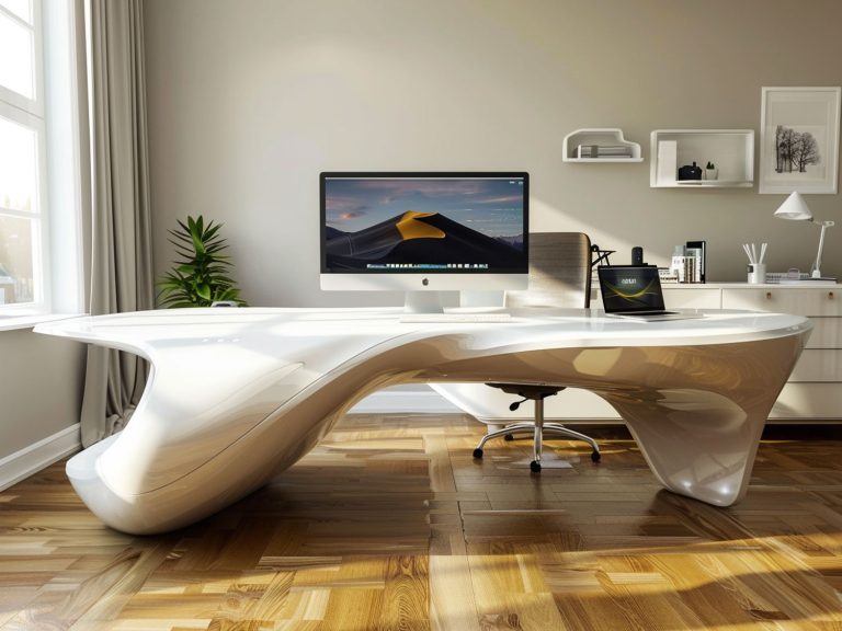 Nowoczesne biuro z futurystycznym biurkiem i białym fotelem na drewnianej podłodze