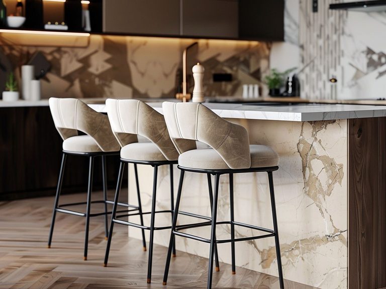 Nowoczesna kuchnia z marmurową wyspą, wysokimi krzesłami i podświetleniem