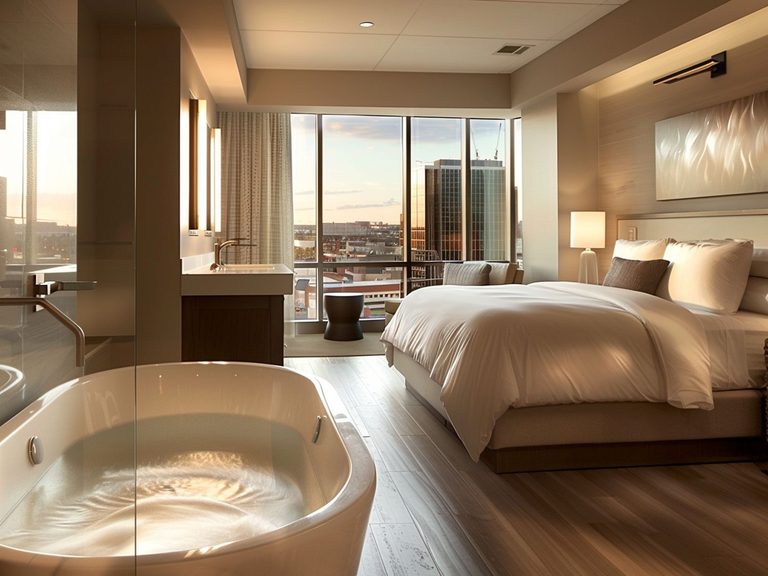 Nowoczesna sypialnia z dużym łóżkiem i wanną przy panoramicznym oknie