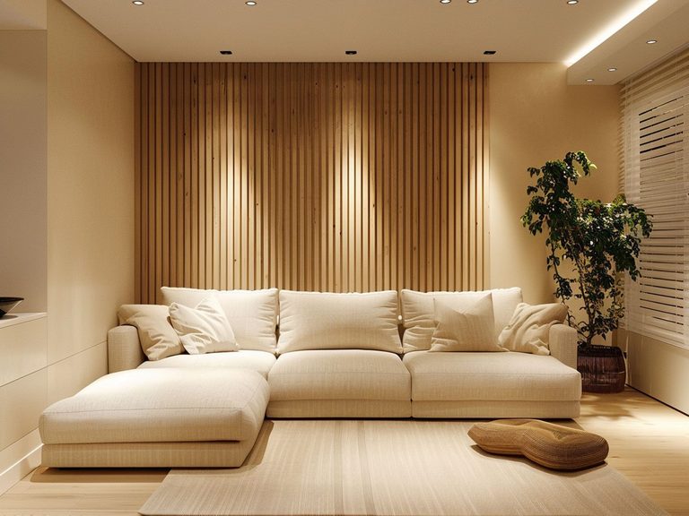 Nowoczesny salon z narożnikiem w beżowych tonacjach i drewnianą ścianą