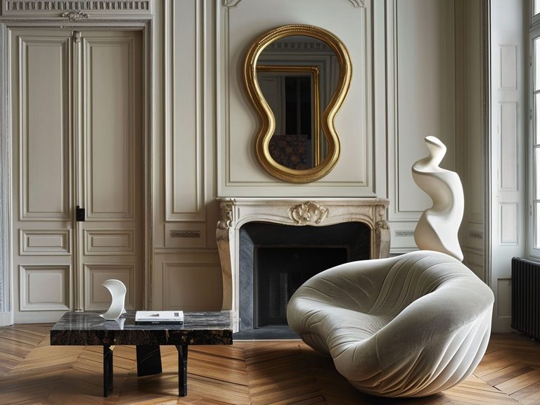 Glamour salon z rzeźbionym lustrem, kominkiem i jasnym fotelem
