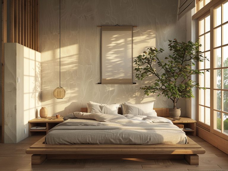 Nowoczesna sypialnia z jasnym łóżkiem, drewnianymi akcentami i rośliną