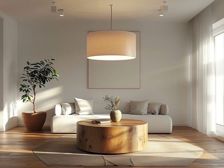 Skandynawski salon z jasną sofą, drewnianym stolikiem i minimalistyczną lampą