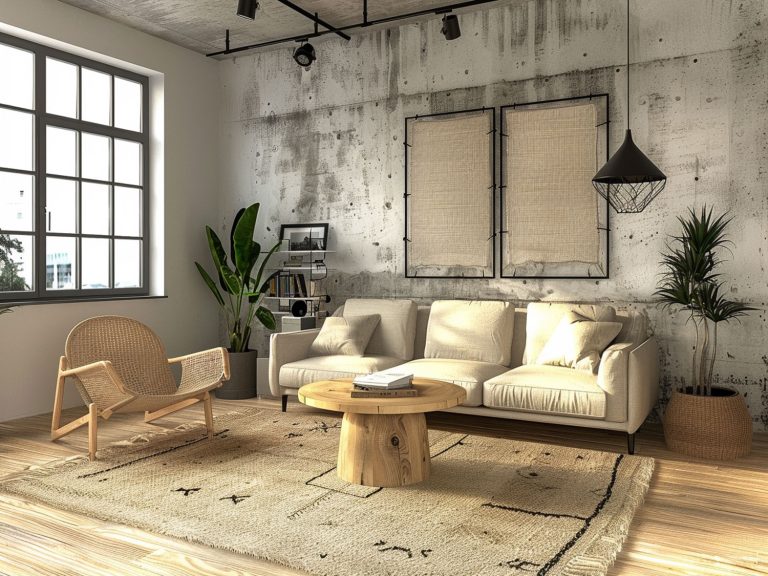 Loftowy salon z jasną sofą, drewnianymi meblami i industrialnym stylem