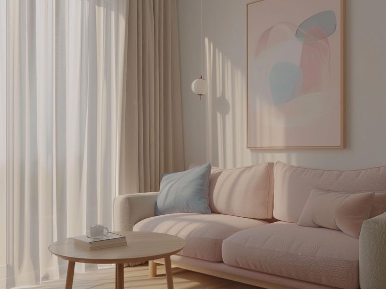 Skandynawski salon z jasną sofą, delikatnymi zasłonami i minimalistyczną dekoracją