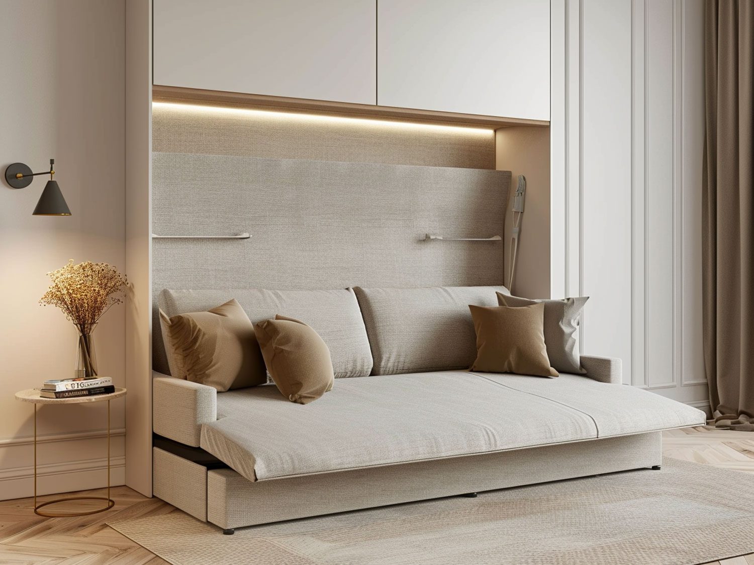 Nowoczesny salon z beżową sofą modułową i minimalistycznym stylem