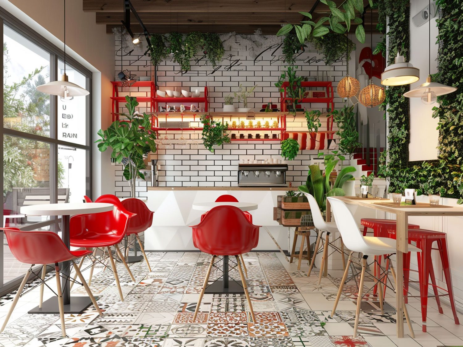 Nowoczesna kawiarnia z kolorowymi krzesłami i roślinnymi dekoracjami