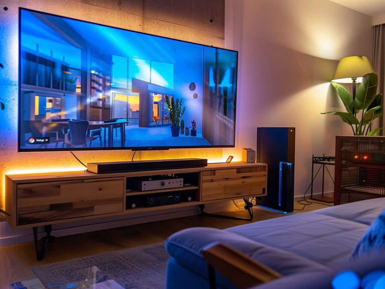 Nowoczesny salon z dużym ekranem telewizyjnym i drewnianą szafką RTV