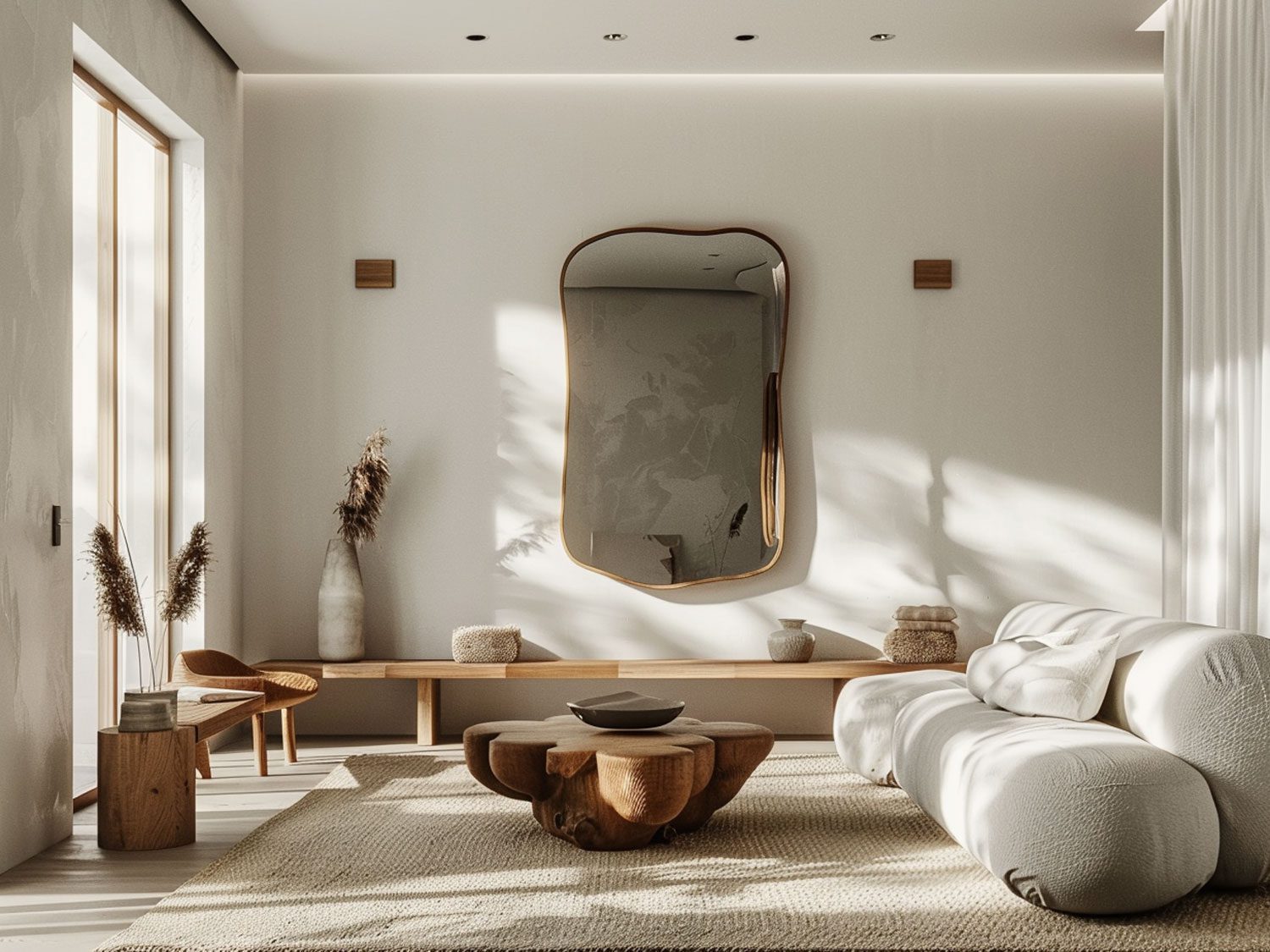 Moderní obývací pokoj s bílou pohovkou, designerskimi dodatkami a velkým zrcadlem