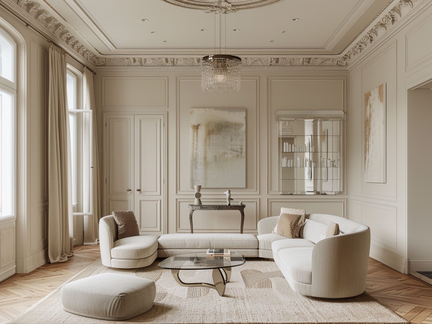 Glamour salon z klasycznymi zdobieniami, jasnymi fotelami i dużym lustrem