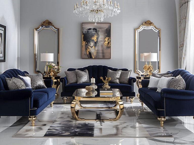 Glamour salon z granatowymi sofami, złotymi stolikami i marmurową podłogą
