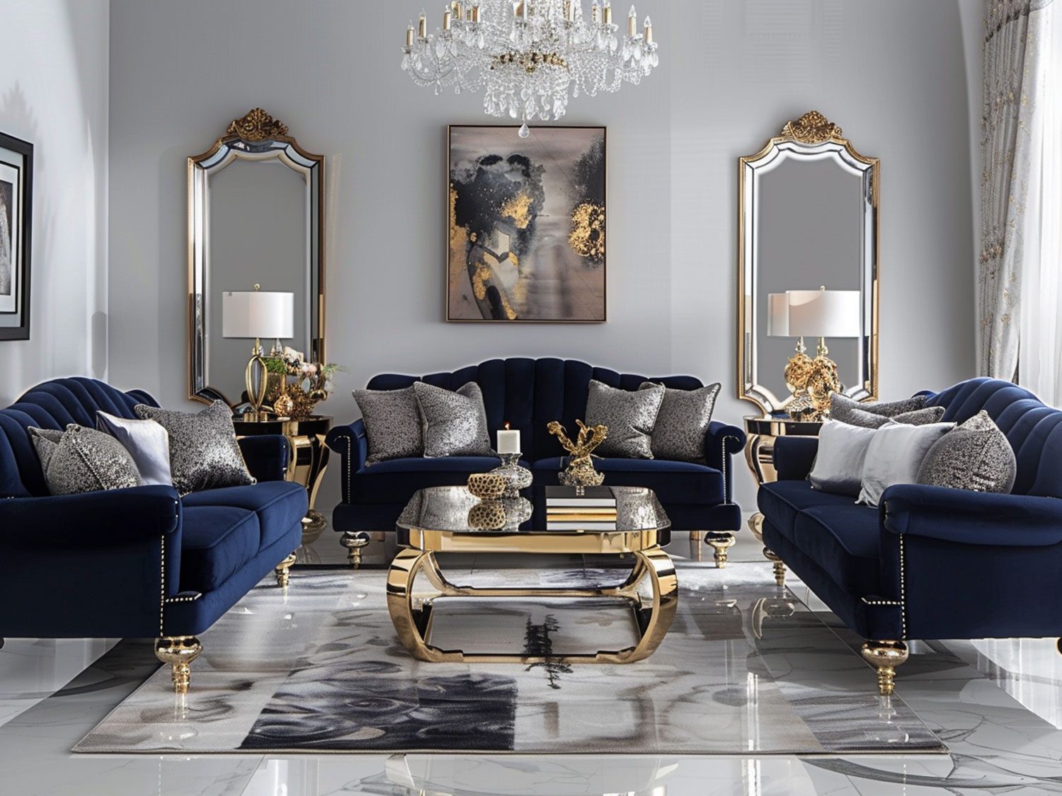 Glamour salon z granatowymi sofami, złotymi stolikami i marmurową podłogą