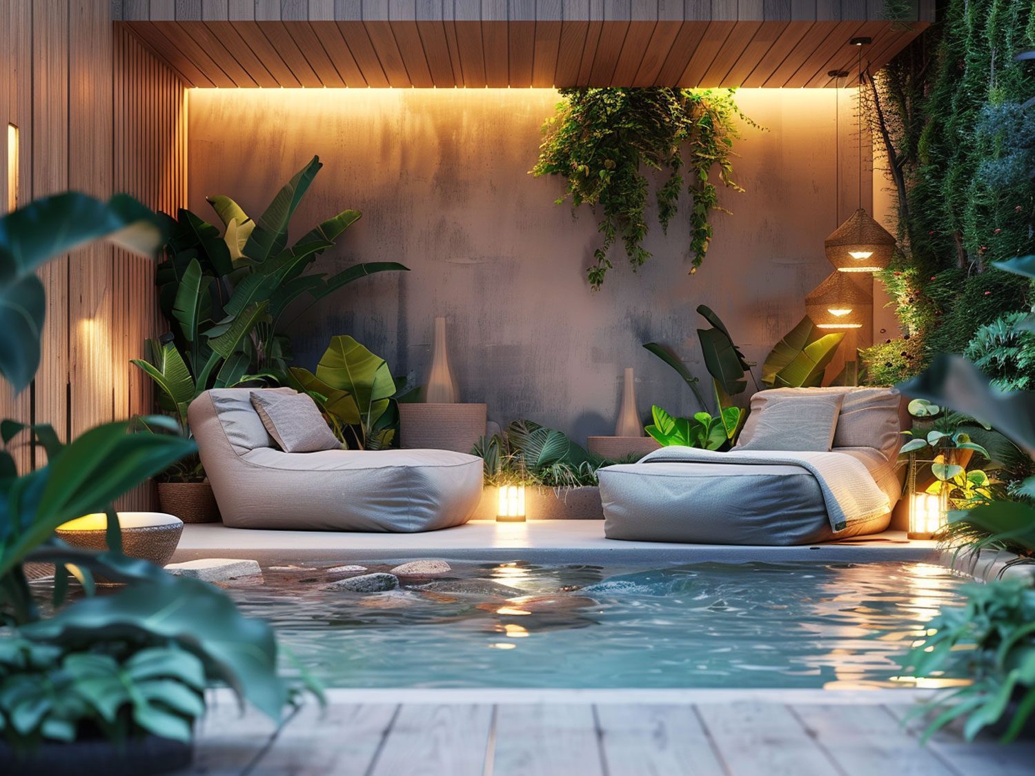 Luksusowe spa z basenem, zielonymi roślinami i naturalnym oświetleniem Luksusowe spa z basenem, zielonymi roślinami i naturalnym oświetleniem