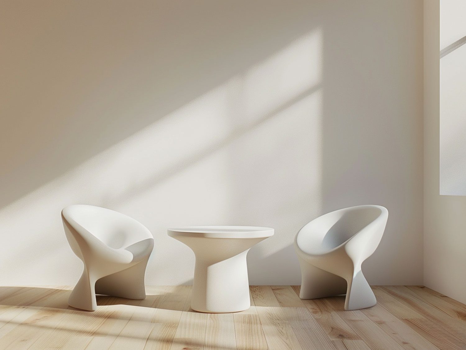 Nowoczesna strefa wypoczynku z białymi designerskimi fotelami i stolikami