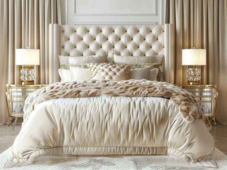 Nowoczesna sypialnia z białym łóżkiem kontynentalnym i pikowanym zagłówkiem