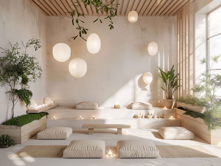 Boho salon z białymi poduszkami, roślinami i kulistymi lampami