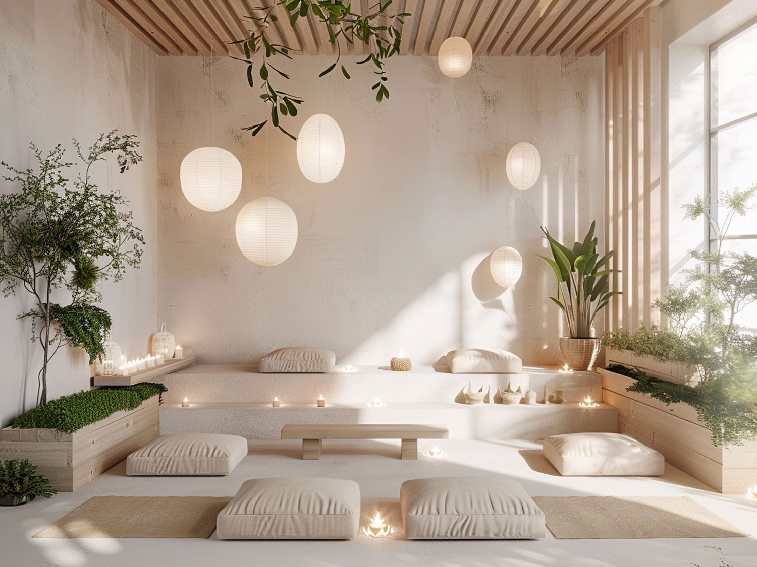 Boho obývací pokoj s bílými polštáři, rostlinami a kulistymi lampami